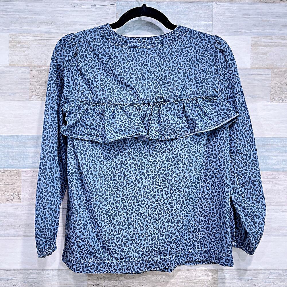 J CREW Cheetah Print Ruffle Top Blue Long Sleeves Woven Cotton Casual Womens XXS - Picture 4 of 6